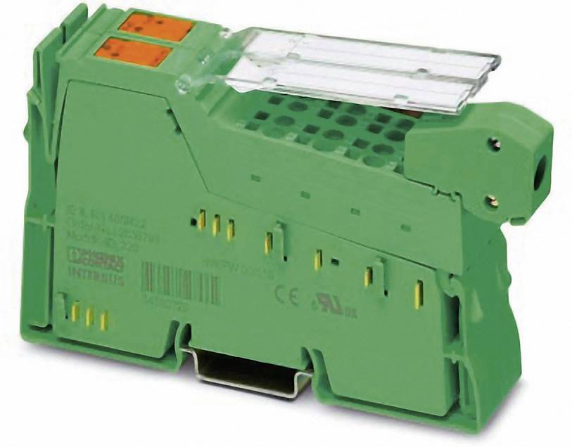 Grünes elektronisches Modul mit transparentem Deckel und gelben Anschlussklemmen, verwendet für Industriesteuerungssysteme.