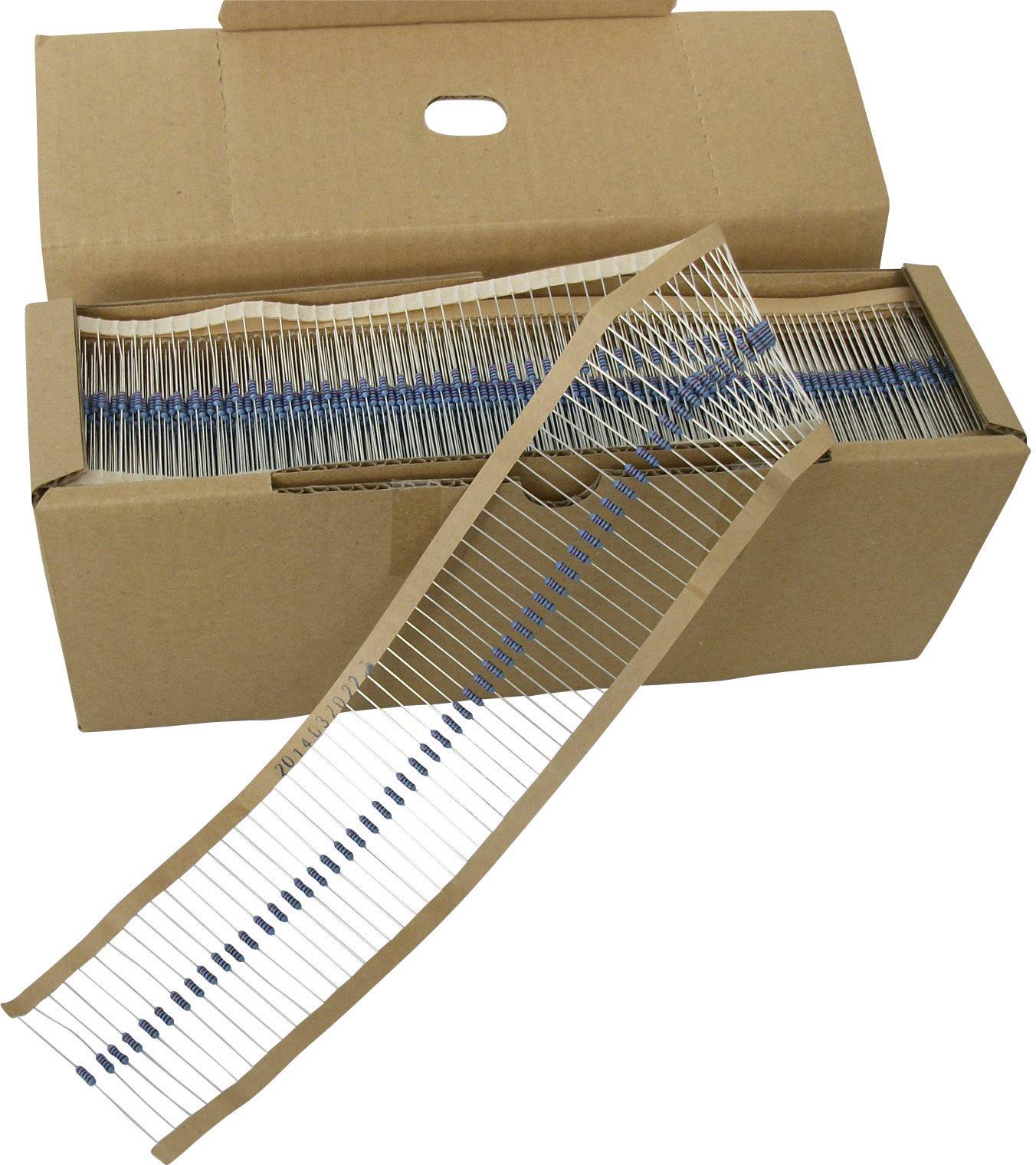 Geöffnete Pappschachtel mit mehreren Reihen blauer Widerstände auf einem Papierband.