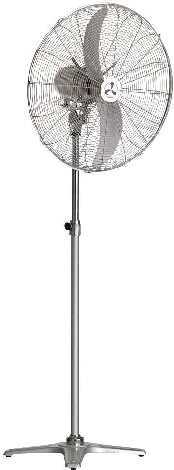 Ein großer, silberner Standventilator mit runden Schutzgittern und verstellbarem Standfuß.