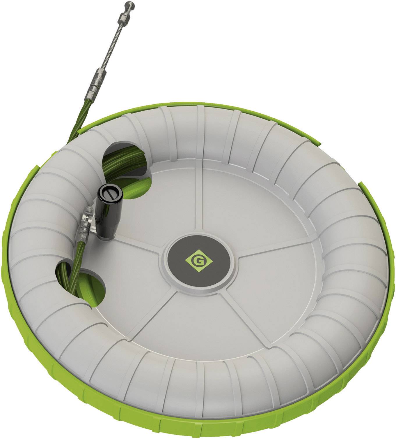 Ein runder, grauer und grüner Garten-Wasserschlauchhalter mit einem schwarzen Griff und grünen Logo in der Mitte.