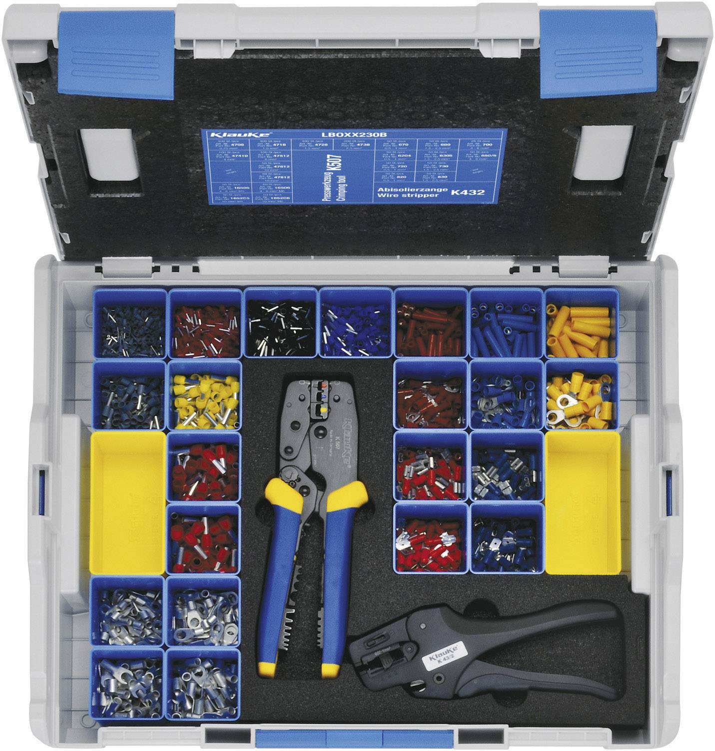 Klauke Crimpzangen-Set 2377teilig Isolierte Kabelverbinder, Aderendhülsen, Quetschkabelschuhe, Isolierte Stoßverbinder 0.5 bis 10 mm² Inkl. Abiso
