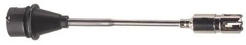 Ein langer, metallischer, zylindrischer Adapter mit schwarzem, konisch geformtem Ende und silbernem Anschluss auf der anderen Seite.