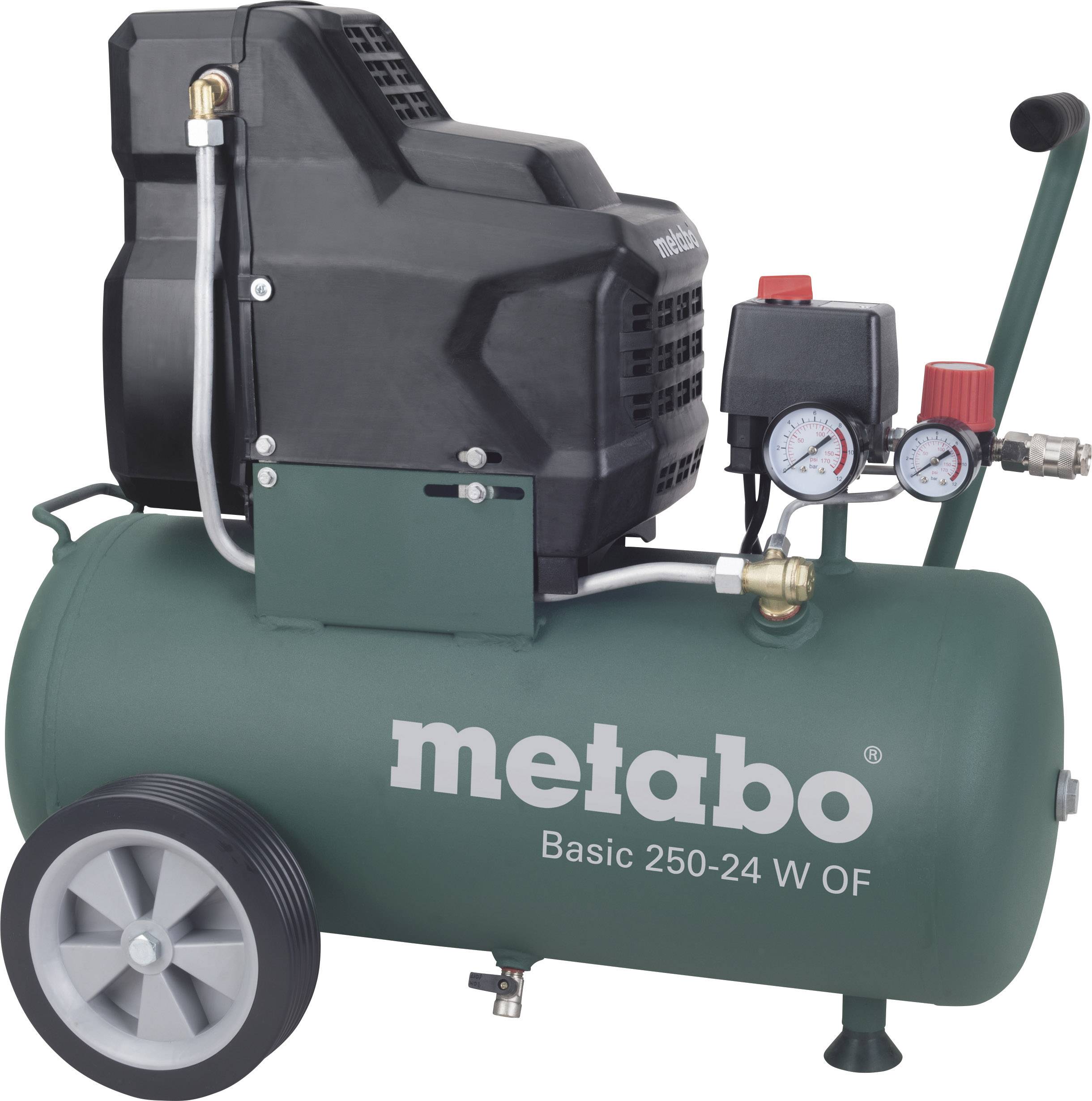Ein tragbarer Luftkompressor mit Rädern, schwarzem Motor und grünem Tank. Die Aufschrift 'metabo Basic 250-24 W OF' ist auf dem Tank.