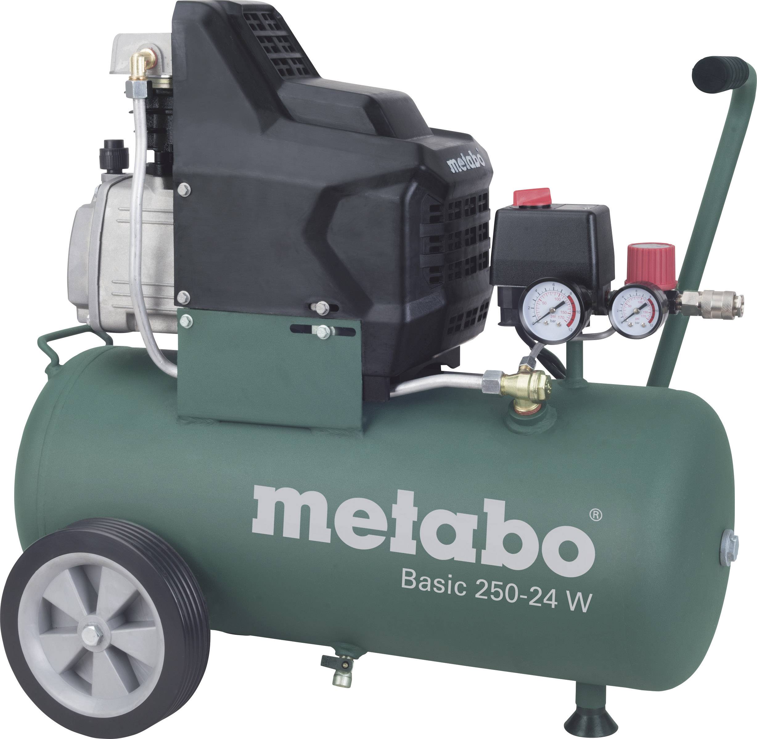 Grüner Luftkompressor mit 'metabo' Logo, Modell 'Basic 250-24 W', ausgestattet mit Manometern und Rädern für Transport.