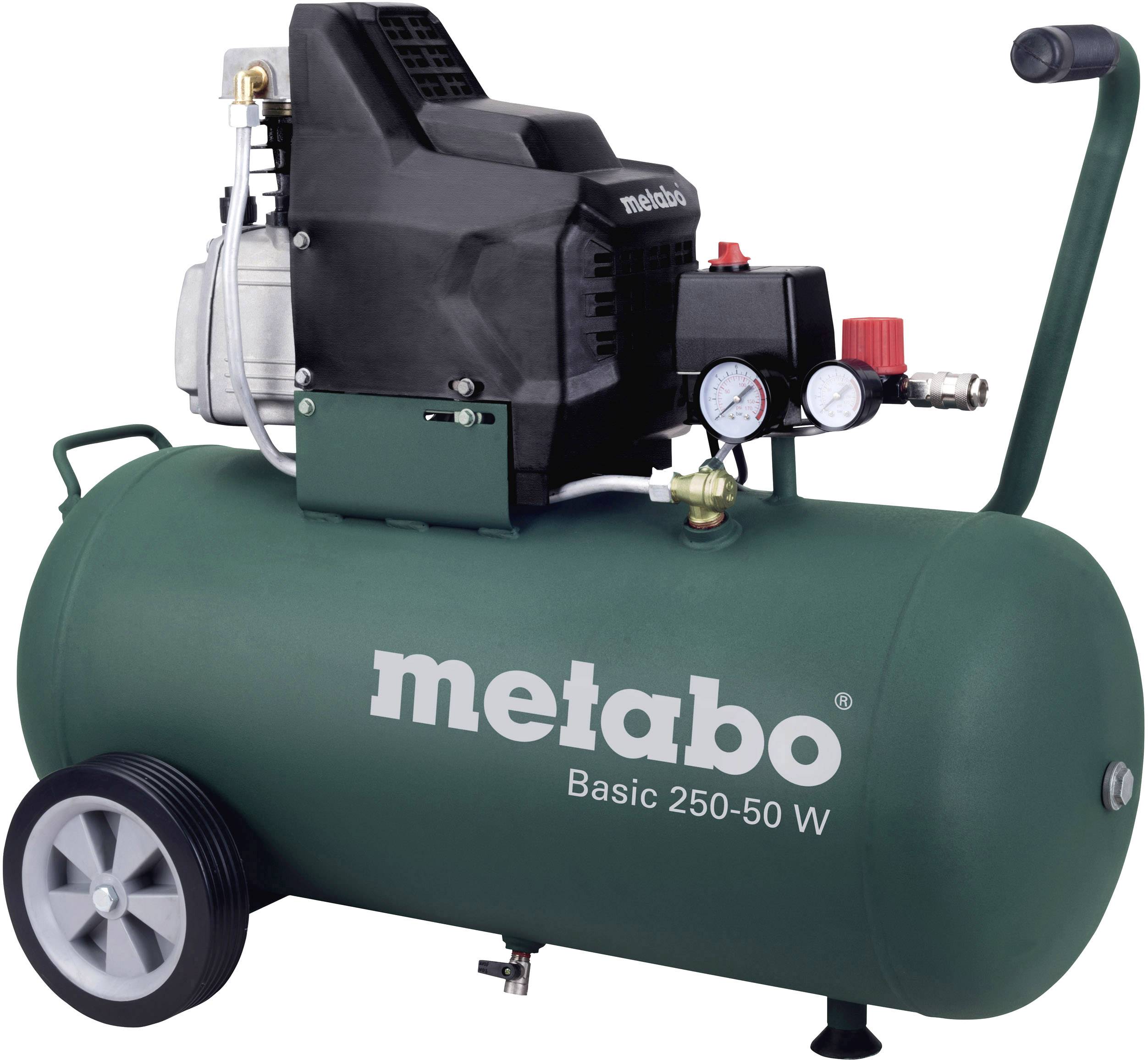 'Metabo Basic 250-50 W' Luftkompressor, dunkelgrün, auf Rädern, mit schwarzem Motor, Druckmessern und rotem Drehknopf.