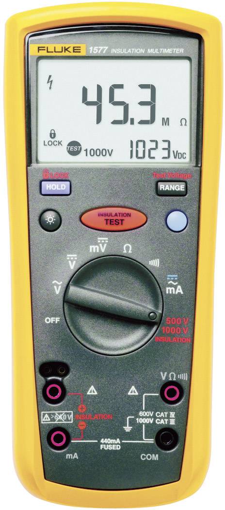Ein gelbes digitales Multimeter mit Display, das '45,3' anzeigt. Es misst Spannung, Strom und Widerstand. Modell: Fluke 1587.