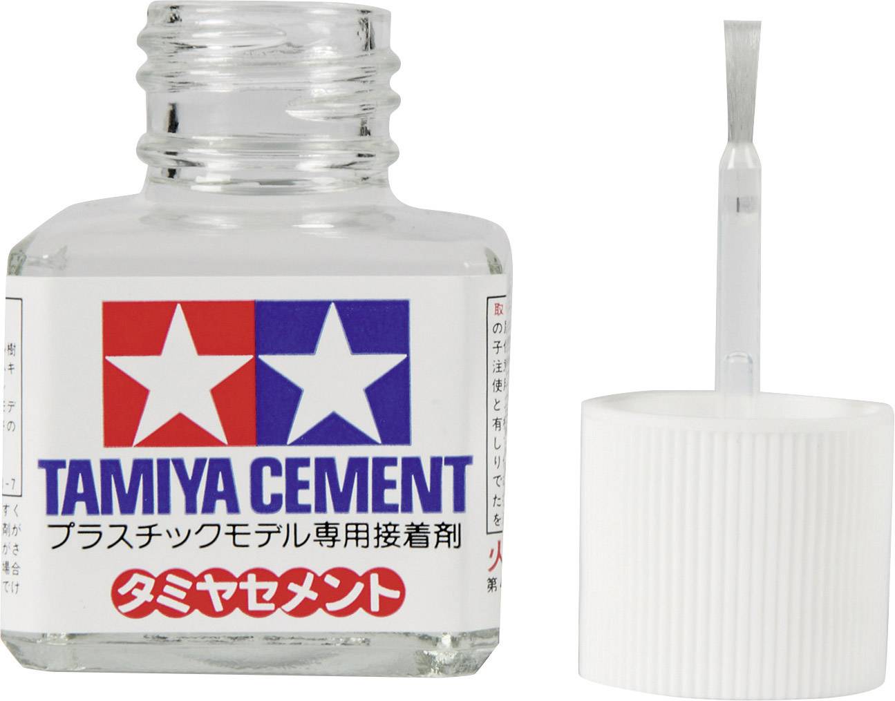 Flasche Tamiya Cement für Plastikmodellbau mit abgenommenem Pinsel im Deckel, bekannt für Modellverbindungen in feiner Präzision.