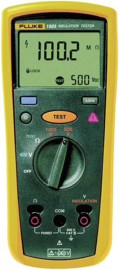 Fluke 1503 Isolationsprüfgerät mit digitalem Display, zeigt Messwert von 100,2 MΩ und Testspannung von 500 V an. Funktionen für Spannungs- und Widerstandsmessung.