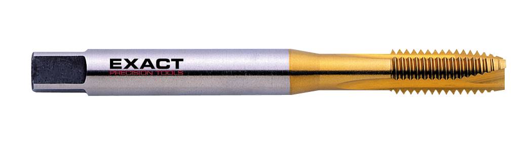 Wendeschneidwerkzeug aus Metall mit goldener Schneidfläche, Aufschrift 'EXACT'. Verwendet zum Gewindeschneiden.