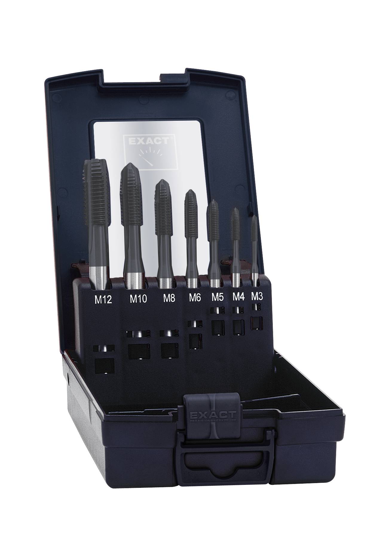 Ein Set von sieben Gewindeschneidern in einem offenen Etui, beschriftet mit Größen von M3 bis M12, verwendet für Gewindebohrungen.