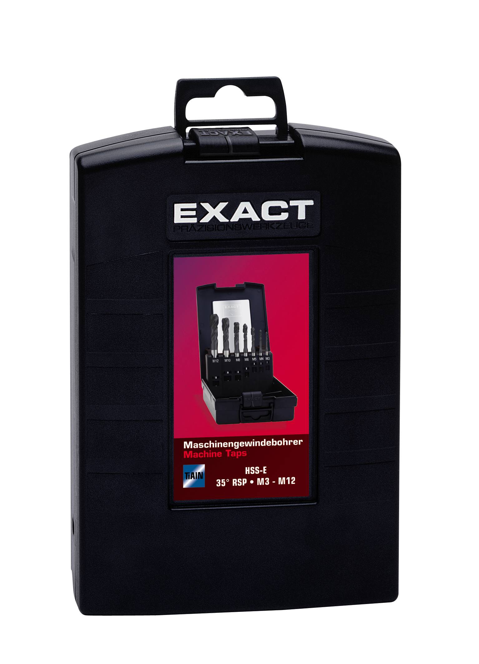 Schwarze Kunststoffbox mit dem Logo 'EXACT'. Enthält ein Set von Maschinengewindebohrern in verschiedenen Größen.