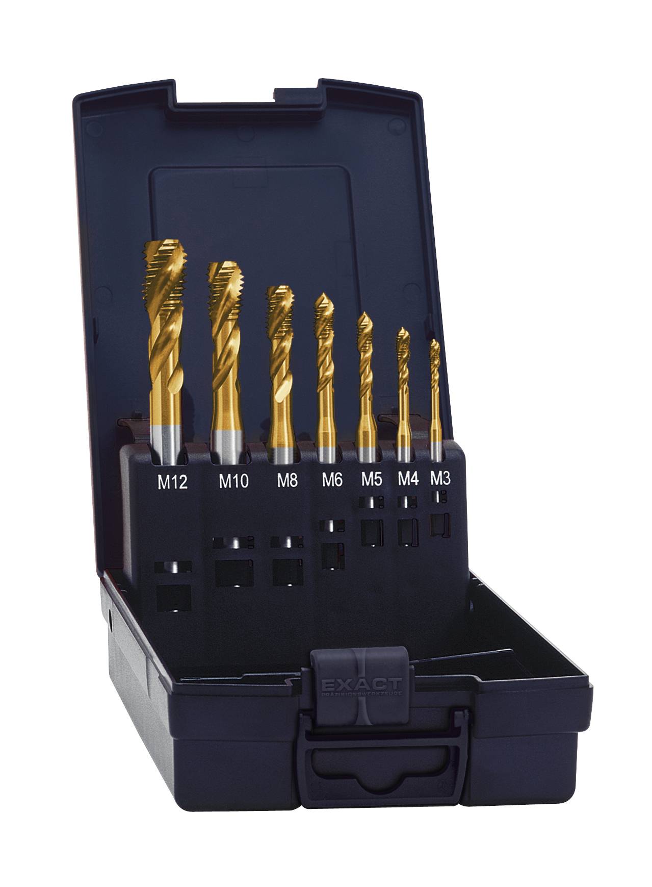 Bohrer-Set in schwarzer Box, bestehend aus sieben goldfarbenen Gewindebohrern, Größen M3 bis M12, aufrechter Stand.