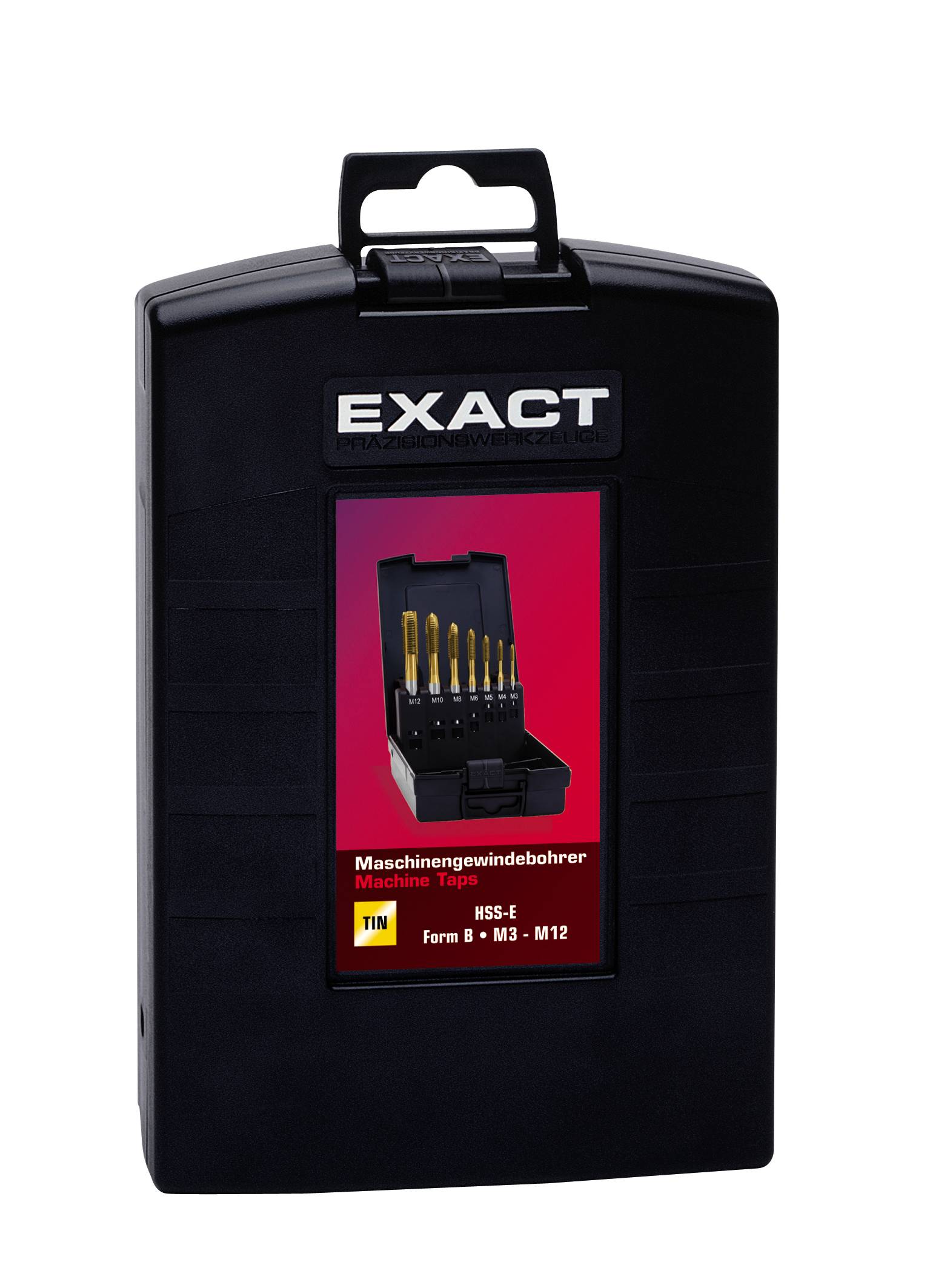 Schwarze Box mit Aufdruck 'Exact', zeigt Bild eines Sets von Maschinengewindebohrern. Text: 'HSS-E, Form B, M3 - M12'.