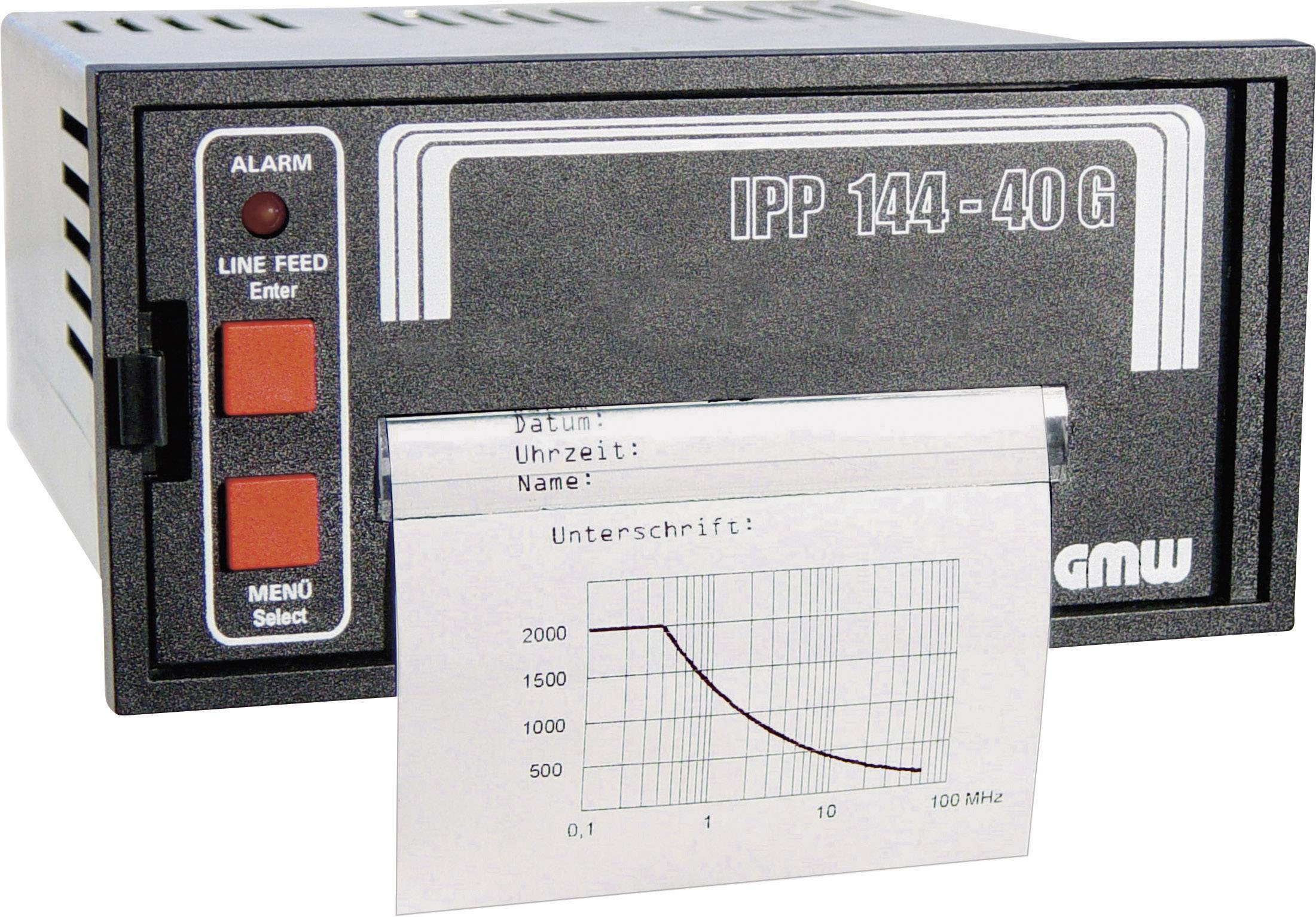 Elektronisches Gerät mit Display zeigt Papierstreifen mit Diagramm. Zwei rote Knöpfe markieren Alarm und Daten-Feed.