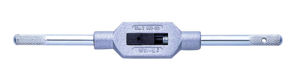 Ein Gewindebohrerhalter aus Metall, horizontal positioniert, mit gerändelten Griffen an beiden Enden zur besseren Handhabung.