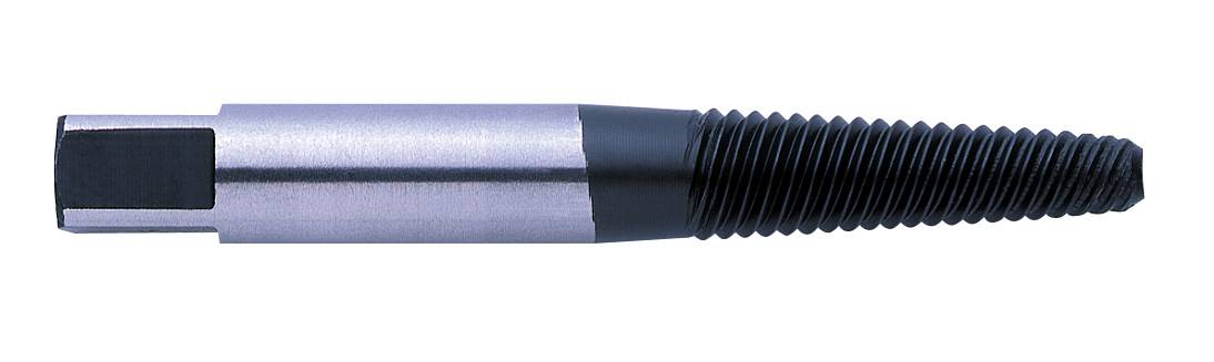 Ein kegelförmiger Gewindebohrer aus Metall, rechtsseitig spiralförmig zulaufend, mit glattem Schaft am linken Ende.