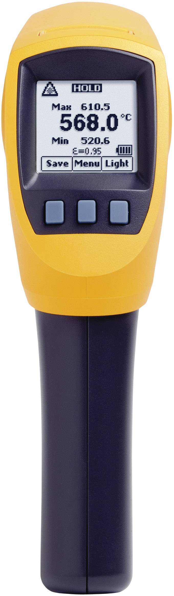 Digitales Infrarot-Thermometer mit gelbem Gehäuse zeigt eine Temperatur von 568,0°C an. Drei Tasten: 'Save', 'Menu', 'Light'.