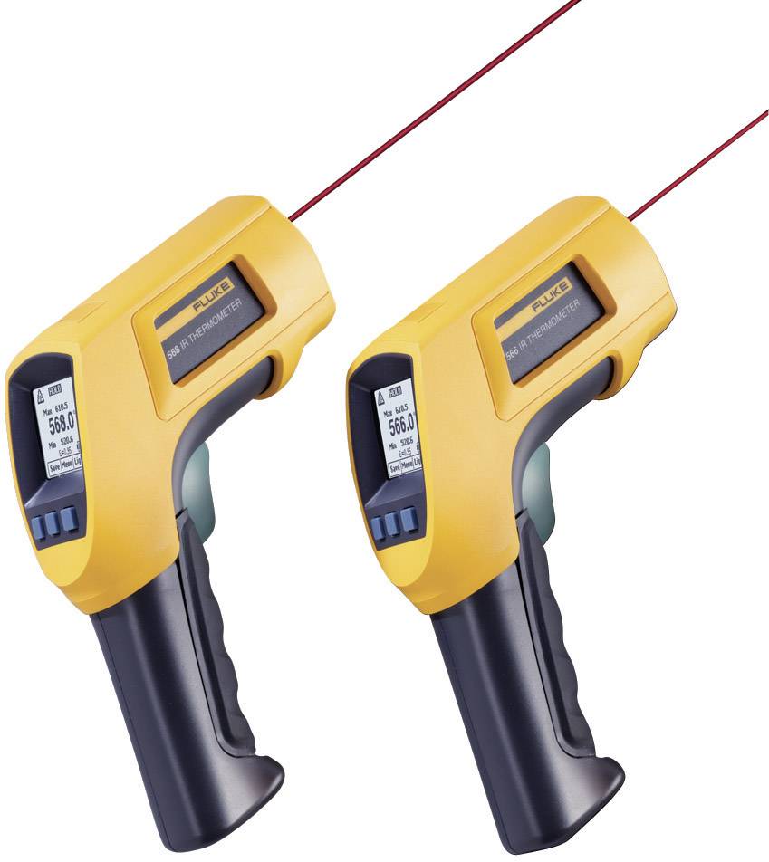 Zwei gelbe Infrarot-Thermometer mit Laserpointer zeigen auf digitale Displays, die die Temperatur von 58,0°C anzeigen.