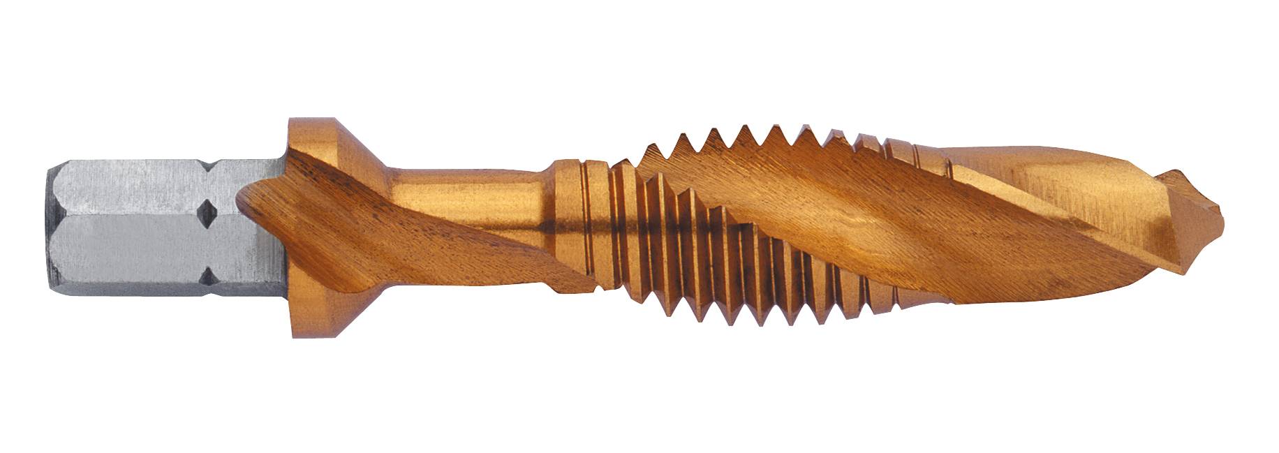Ein durchgehender Bohrer mit goldener Schneide und silbernem Schaft, geeignet für Holz- und Metallbearbeitung.