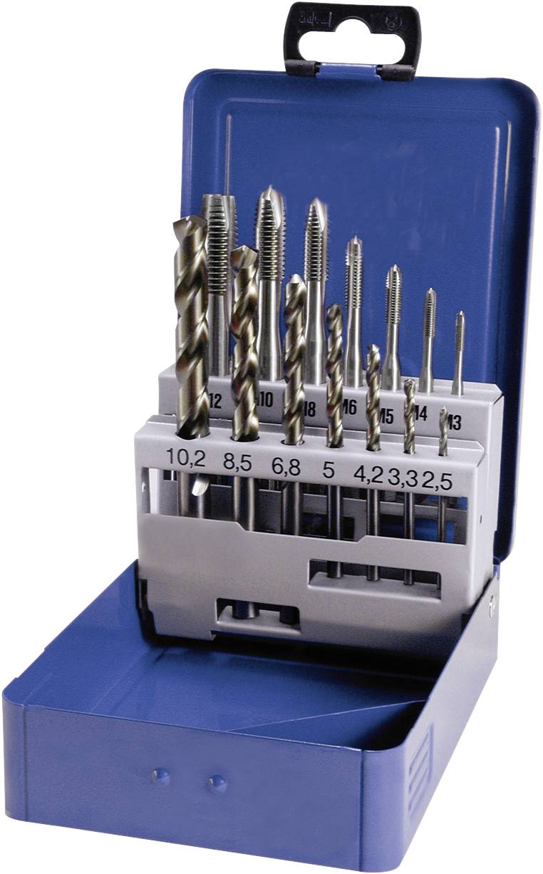 Bohrer- und Gewindebohrersatz in einem blauen Metallkasten, verschiedene Größen, nummeriert von 3,2 bis 10,2, für präzises Bohren.