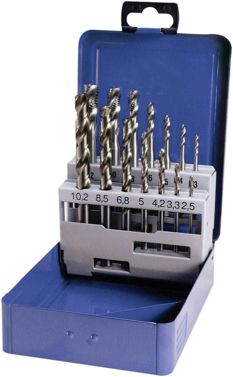Bohrer-Set in einem blauen Koffer. Verschiedene Größen von Bohrern, nummerierte Halterungen für einfache Auswahl, ideal für Heimwerker.