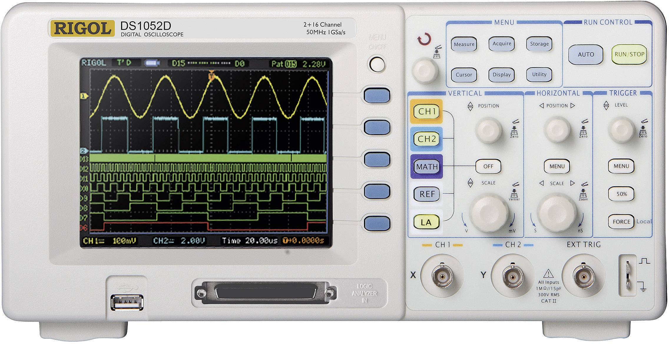 Rigol DS1052D Digital-Oszilloskop 50 MHz 18-Kanal 500 MSa/s 512 kpts 8 Bit Digital-Speicher (DSO), Logic-Analyser, Mixed-Signal (MSO) 1 St.