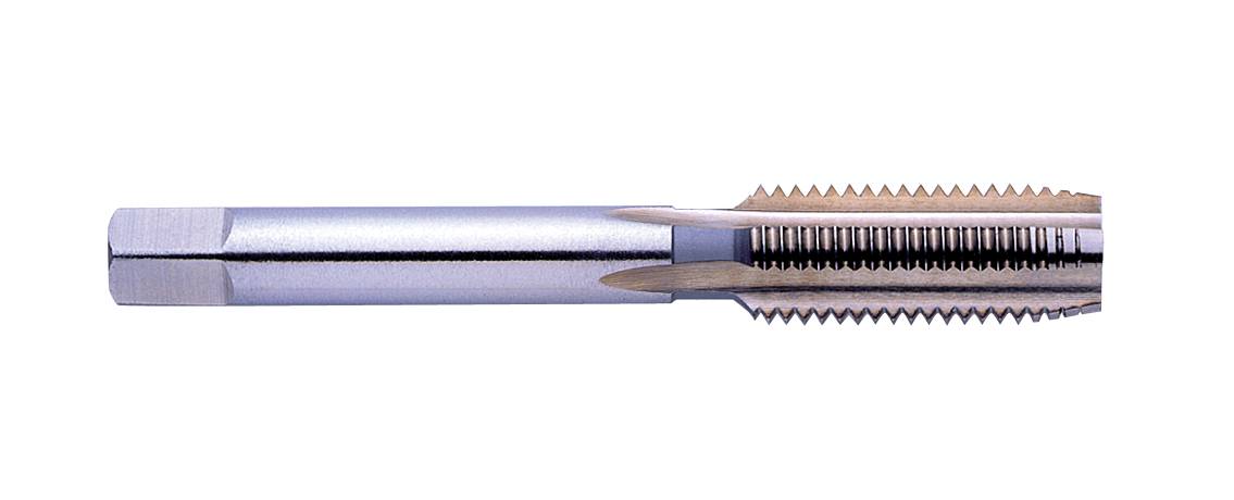 Ein Metallgewindeschneider mit scharfen Fräszähnen, horizontal positioniert, auf weißem Hintergrund. Geeignet zum Gewindeschneiden in Bohrungen.