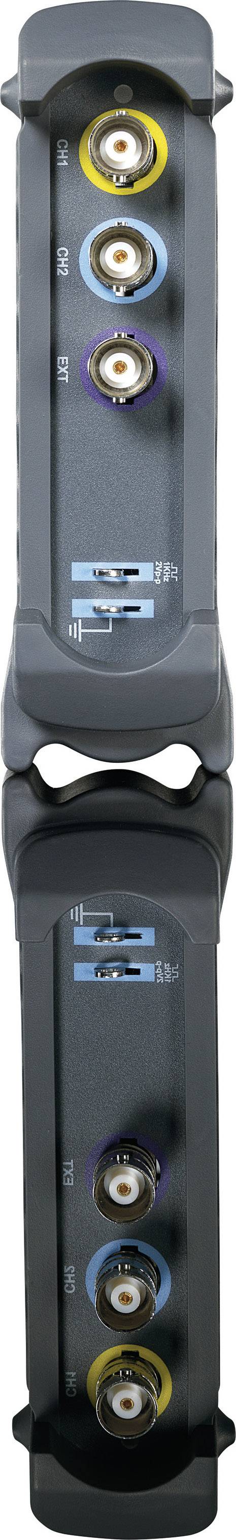 Ein schwarzes technisches Gerät mit vier farbcodierten Anschlüssen in Blau, Gelb, Blau und Lila, nummeriert von 1 bis 4.