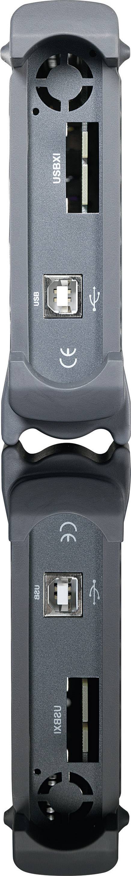 Zwei nebeneinander liegende Geräteanschlüsse mit Netzwerk- und USB-Anschlüssen. Oben Lüftungsschlitze, unten LED-Anzeige.