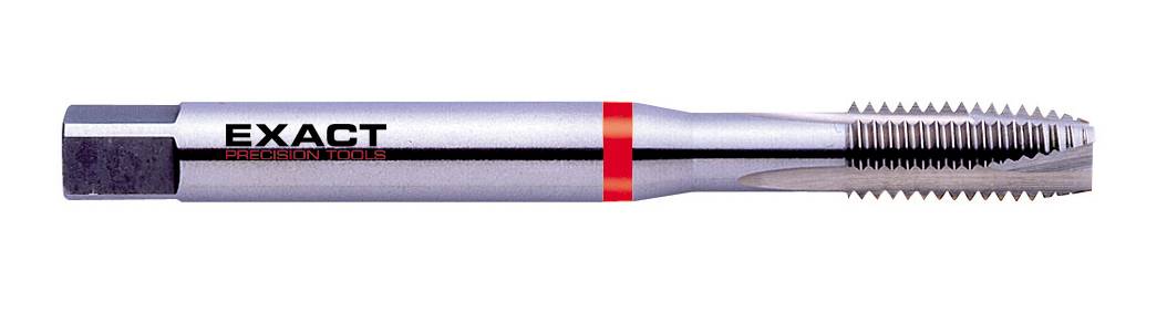 Ein silberner Gewindebohrer mit der Aufschrift 'EXACT' und rotem Band, geeignet zum Schneiden von Innengewinden in Metall.