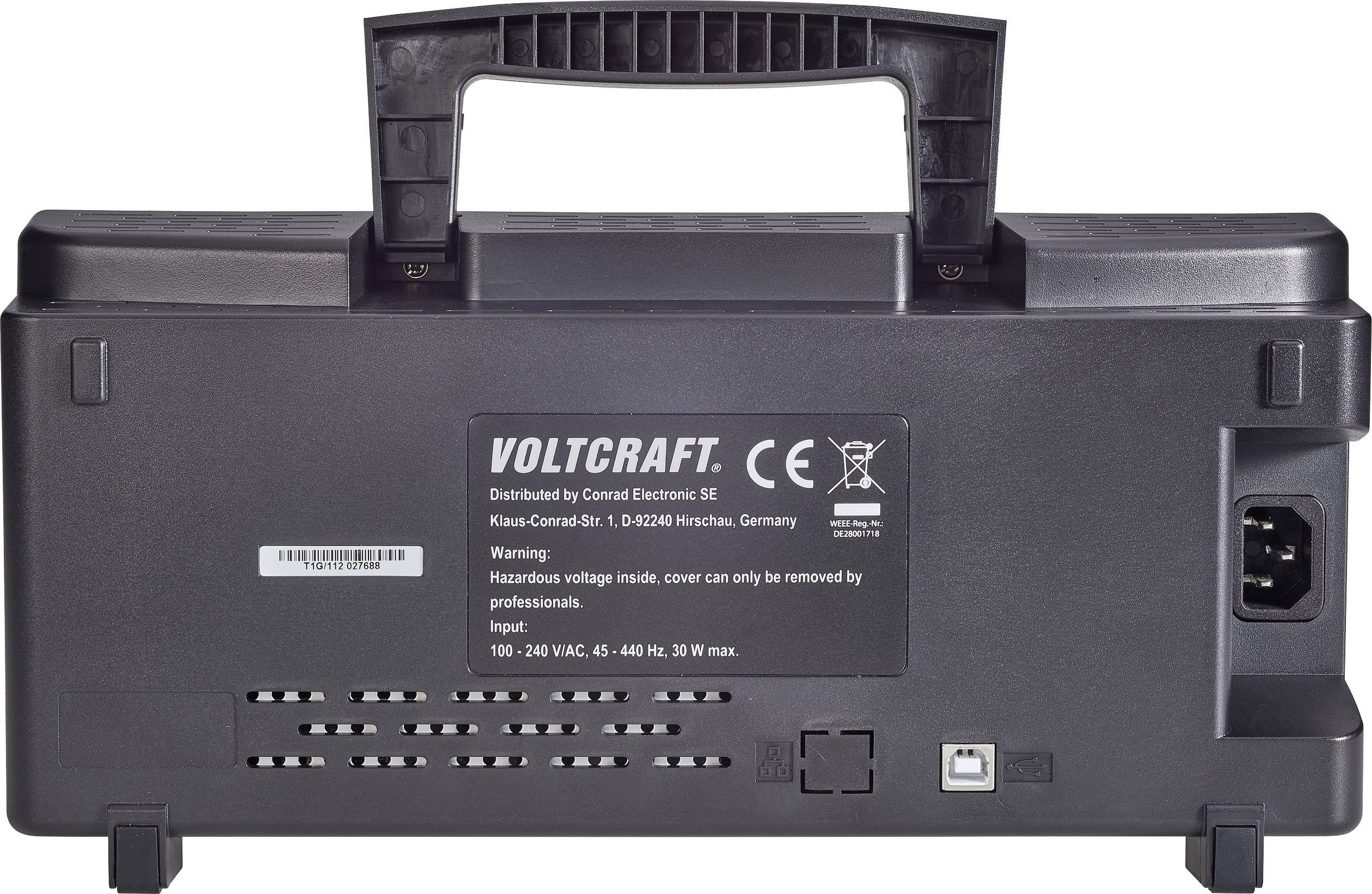 Eine tragbare Batterieeinheit von VOLTCRAFT mit Warnhinweis und technischen Informationen auf der Rückseite.