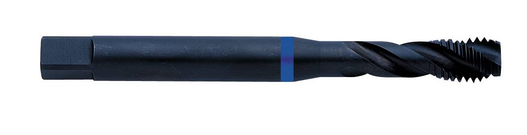 Ein schwarzer Spiralbohrer mit einem blauen Ring, zeigt die Gewindeschneidkanten. Der Hintergrund ist neutral, um das Werkzeug hervorzuheben.
