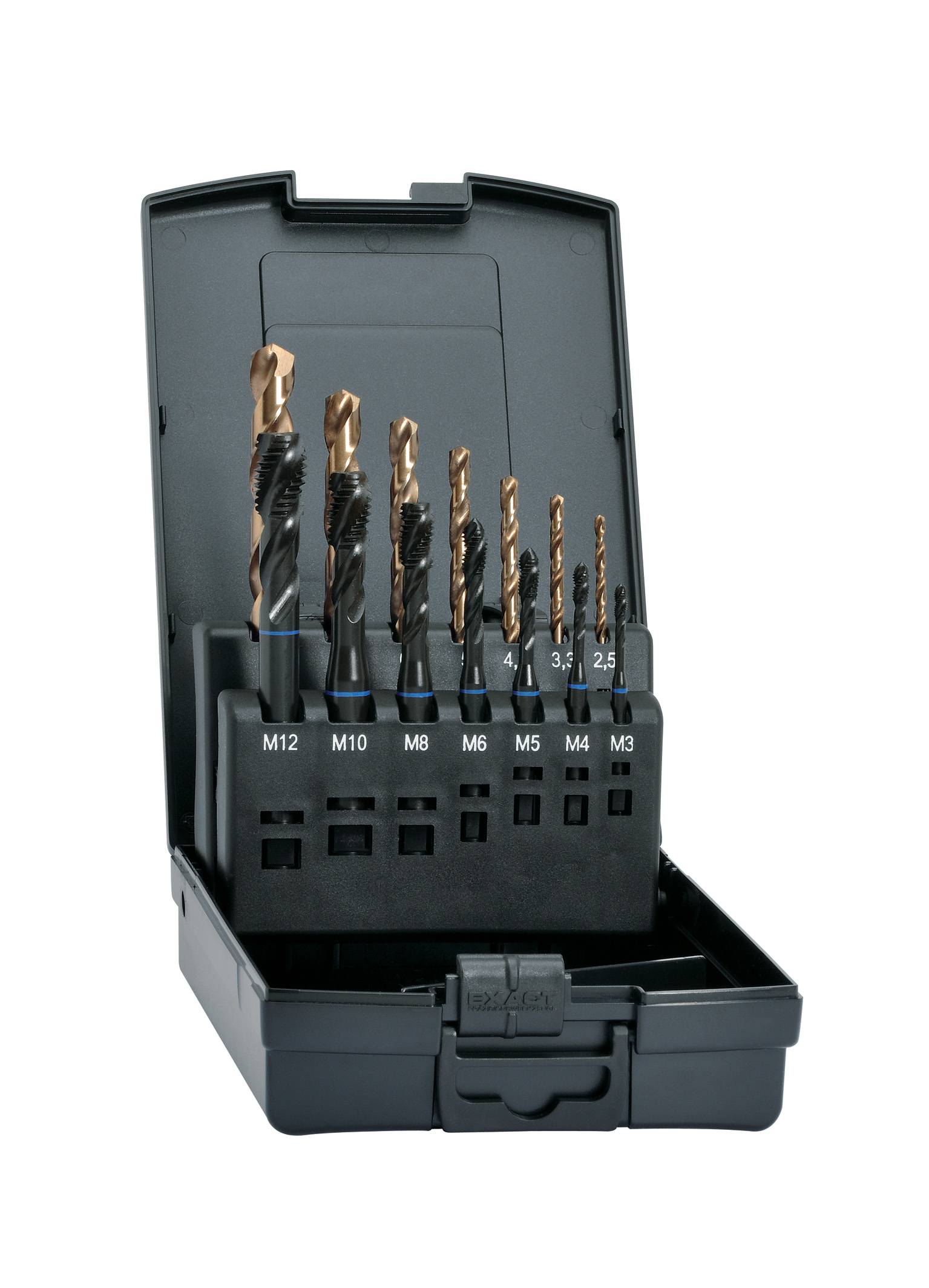 Ein Bohrer-Set mit acht verschiedenen Größen, aufgestellt in einer offenen schwarzen Box. Größenbeschriftungen M3 bis M12 sind sichtbar.