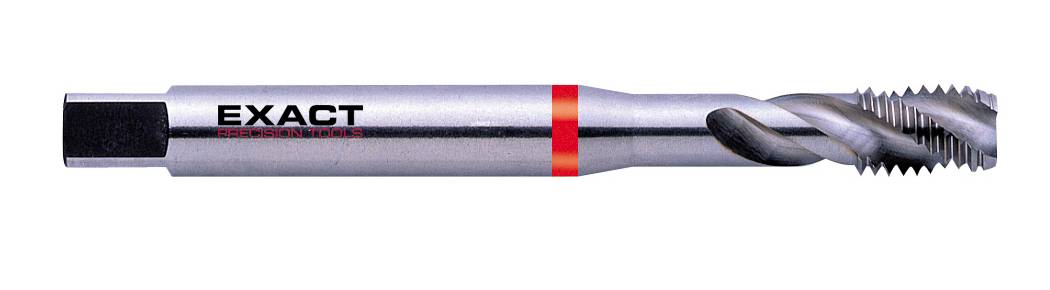 Ein Gewindebohrer mit der Aufschrift 'EXACT' auf dem Schaft, Spiralflöten an der Spitze, geeignet für das Schneiden von Gewinden in Metall.
