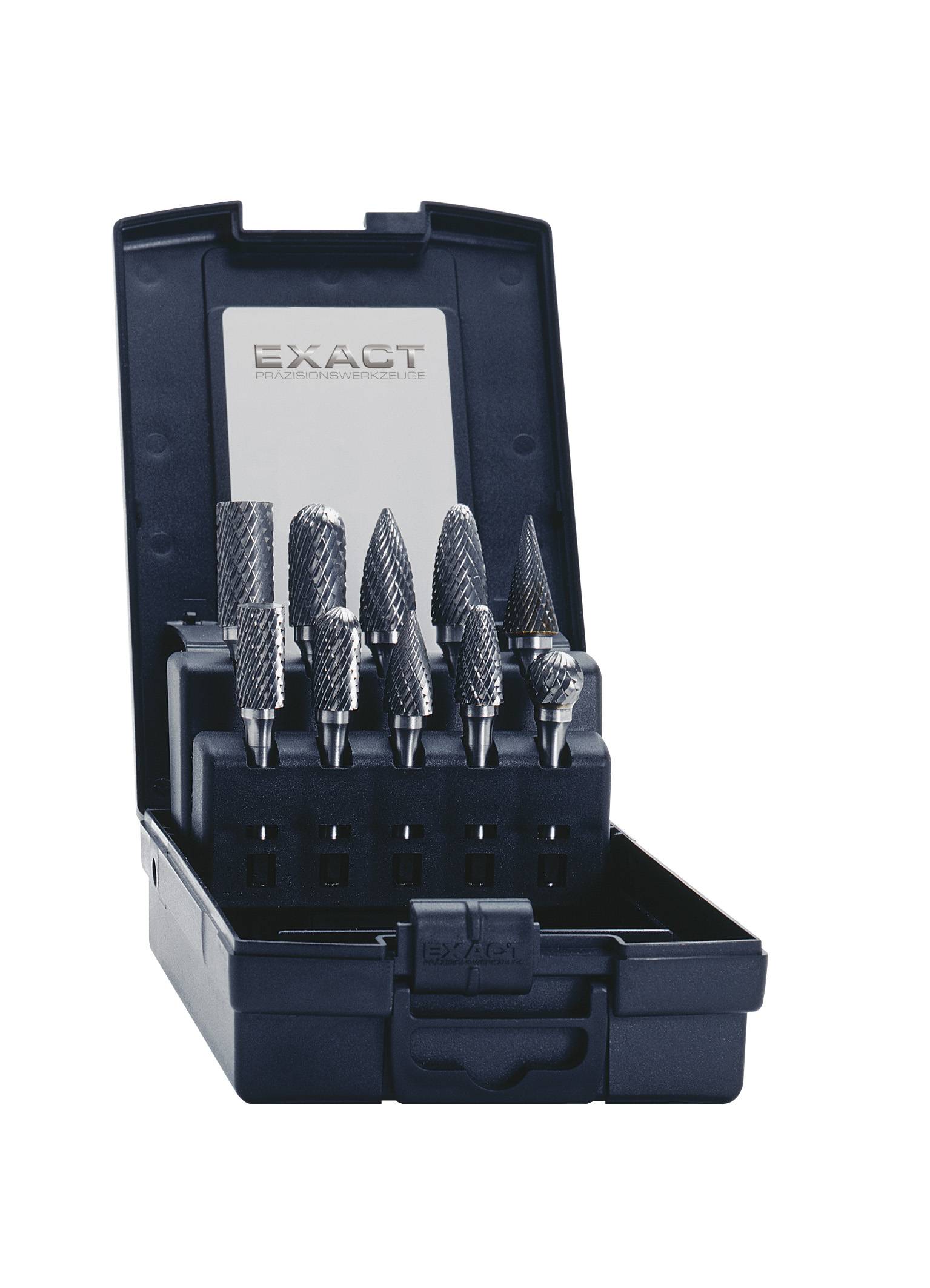 Ein Koffer mit sieben Frässtiften in verschiedenen Formen aus Metall, sicher angeordnet in Einsätzen. Der Koffer ist geöffnet.