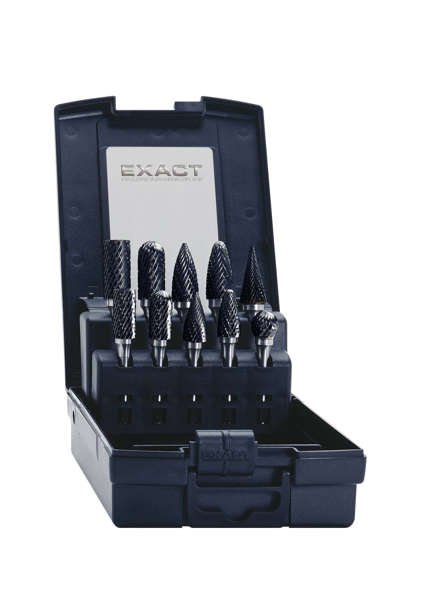 Ein Set von acht Frässtiften in einem schwarzen Kunststoffetui. Die Frässtifte haben verschiedene Formen und sind sicher befestigt.