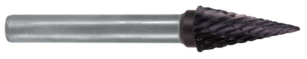 Ein konischer Frässtift mit zylindrischem Schaft, geeignet zum Schleifen und Formen von Werkstoffen in der Metallbearbeitung.