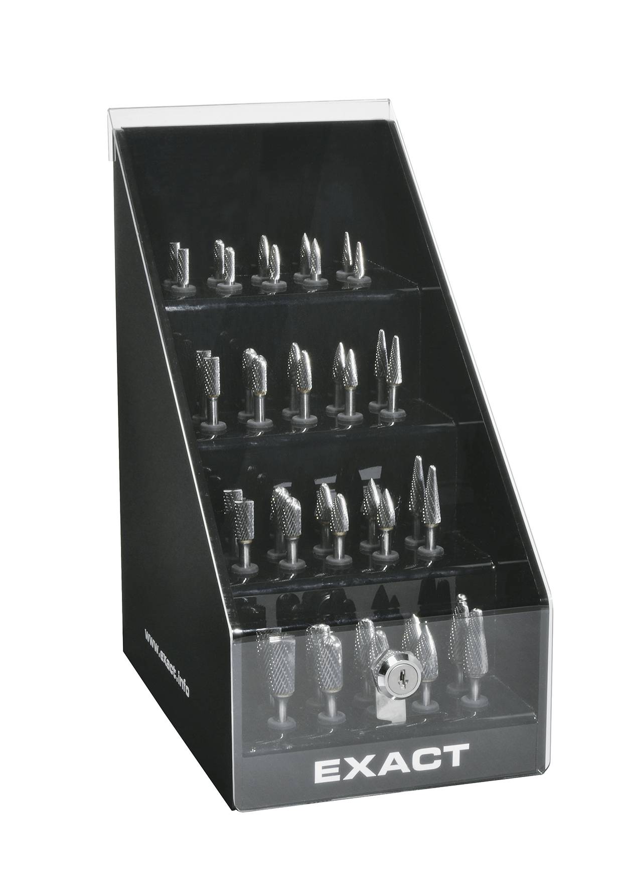 Ein schwarzer, dreistufiger Ausstellungsständer mit verschiedenen Metallwerkzeugen, beschriftet mit 'EXACT' an der Vorderseite.