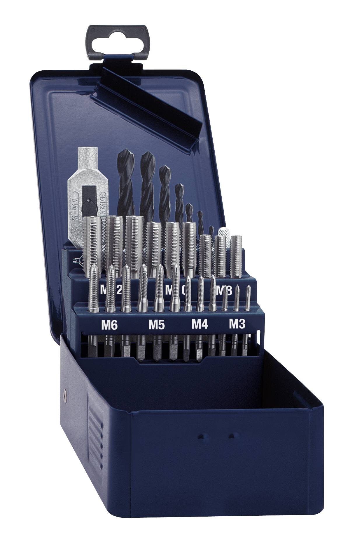 Bohrer- und Gewindeschneiderset in einer offenen blauen Metallbox, verschiedene Größen von M3 bis M6 sind sichtbar.