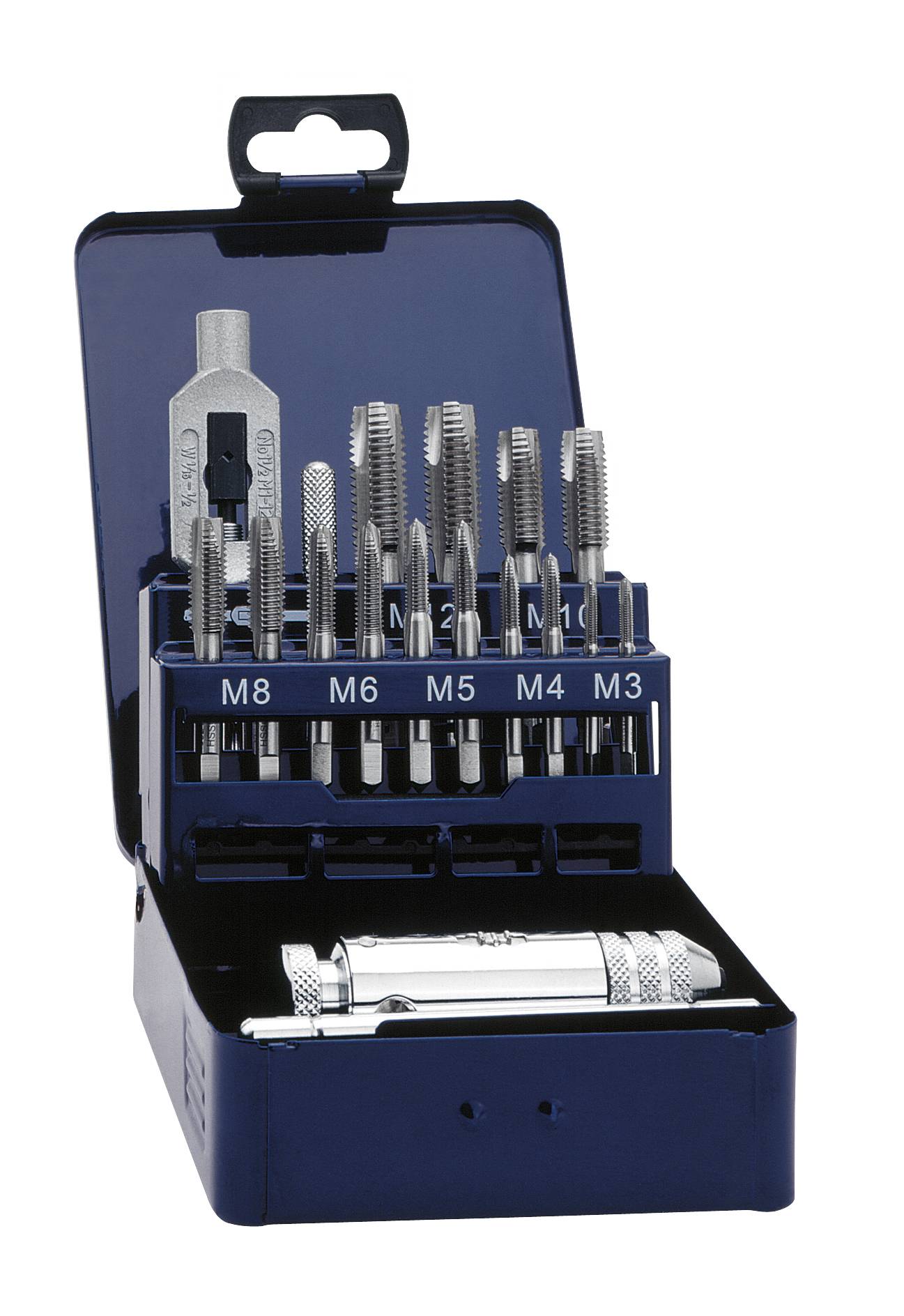 Ein Set von Metallgewindebohrern in einer blauen Box, unterschiedliche Größen von M3 bis M8, mit einem Griff und Zubehör.