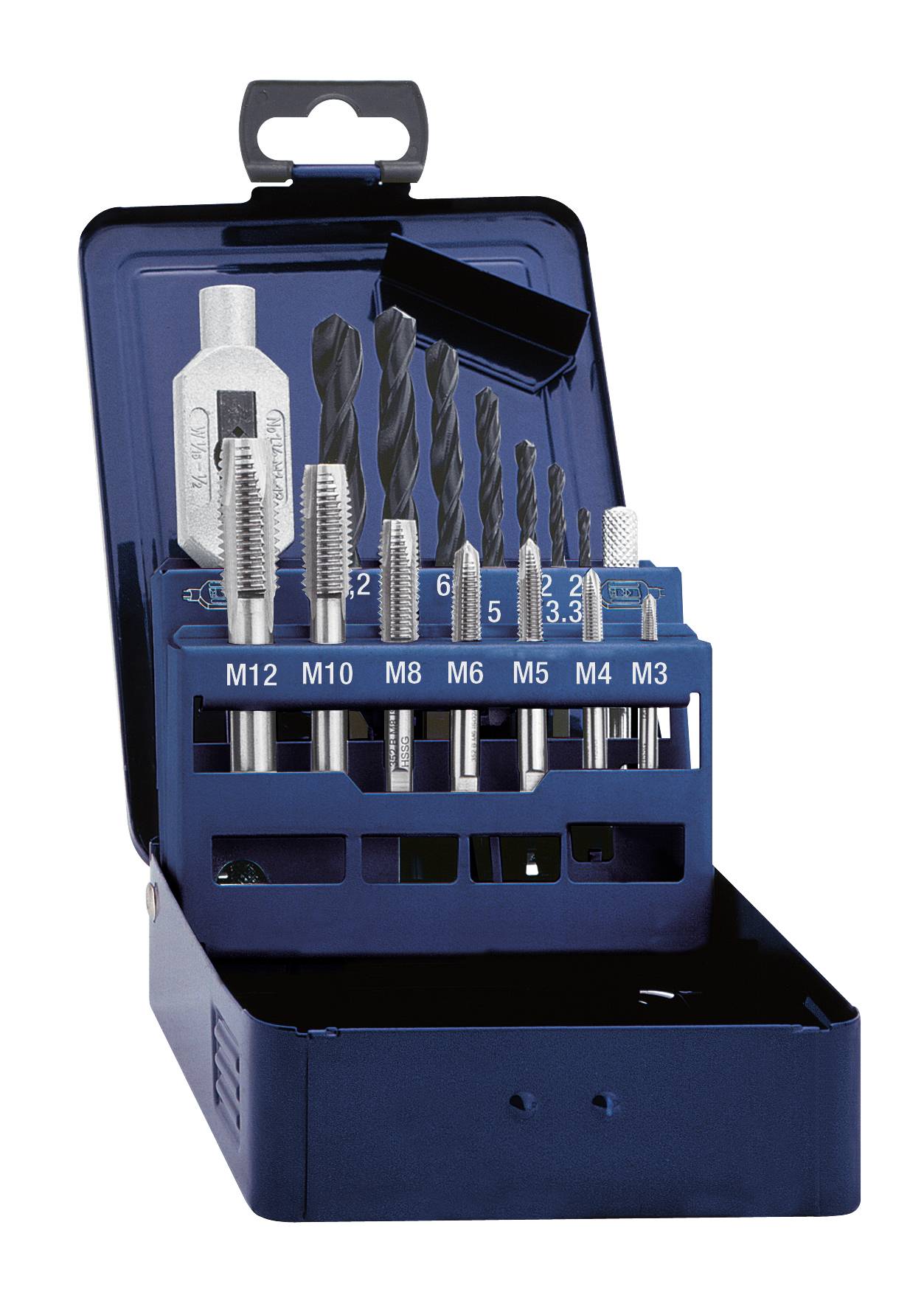 Ein blaues Metallkoffer-Set mit Gewindebohrern und Spiralbohrern in verschiedenen Größen, markiert von M3 bis M12.