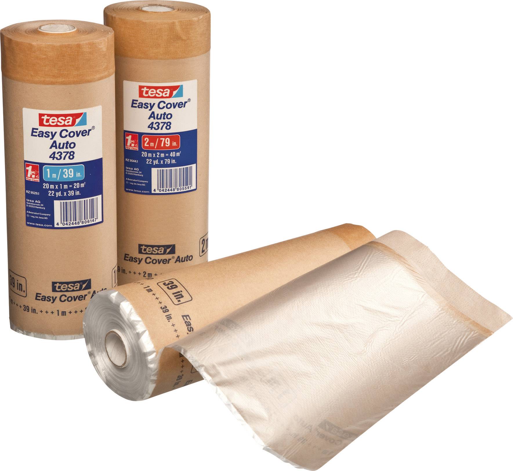 Drei Rollen Tesa Easy Cover Auto 4378, eine teilweise entrollt, zeigen braunes Papier mit durchsichtiger Plastikfolie, verwendet zum Abdecken.