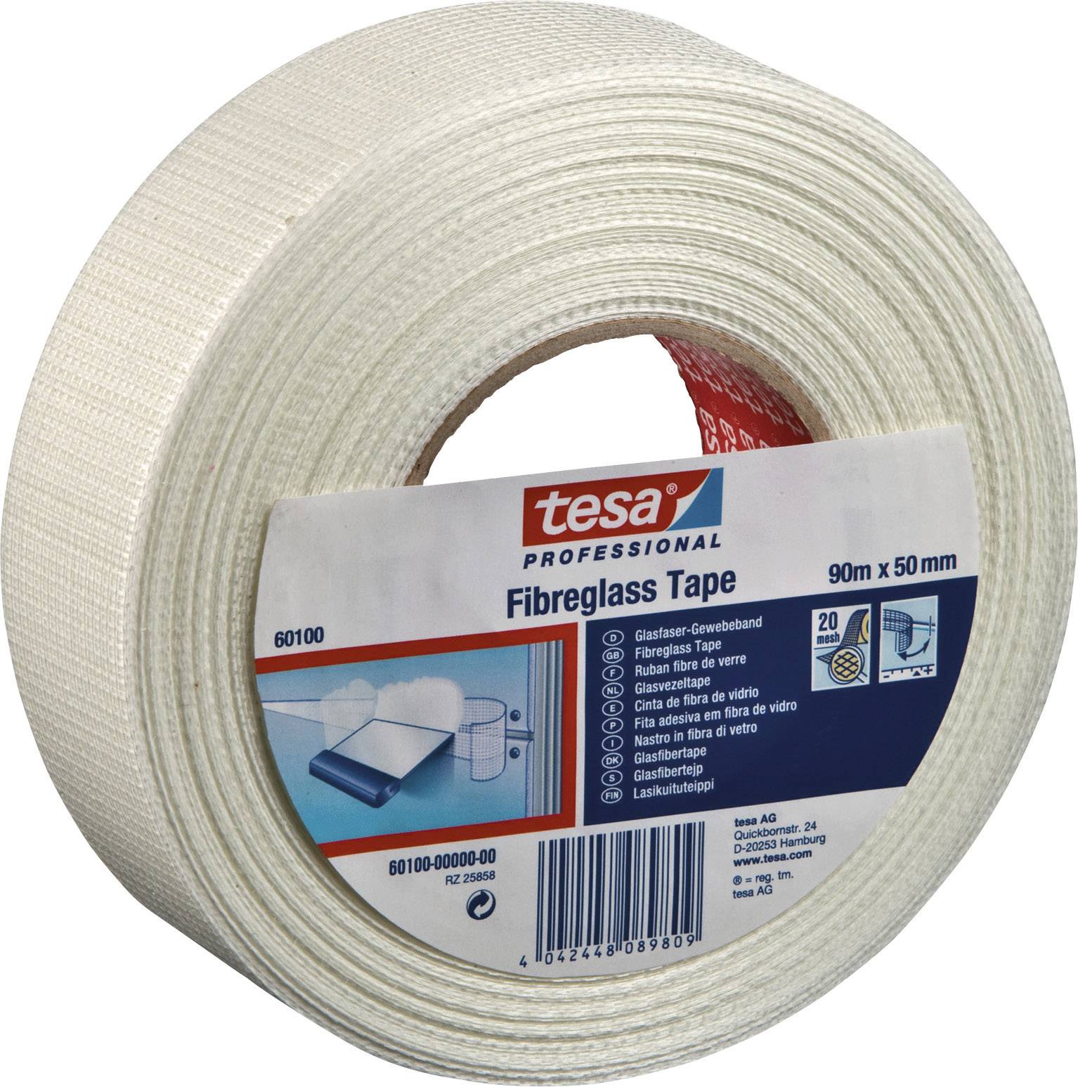Rolle aus Fiberglasgewebeband, 90 m x 50 mm, Marke Tesa Professional. Etikett zeigt Anwendungshinweise und Produktdetails.