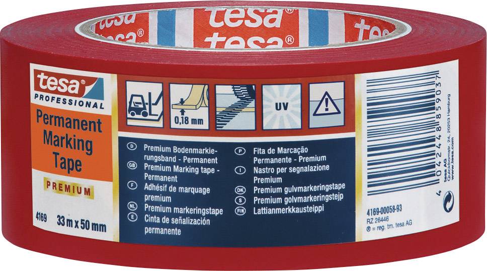 Rolle rotes Klebeband 'tesa professional' mit Etikett. Aufdrucke: 'Permanent Marking Tape', 'Premium', Symbole für Strapazierfähigkeit.