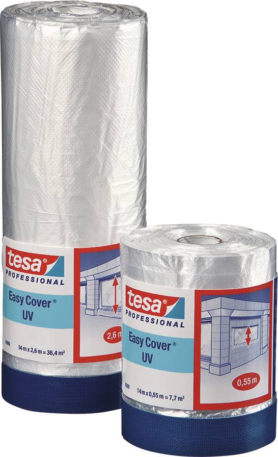 Zwei Rollen Tesa Easy Cover UV: links 14m x 2,6m, rechts 16m x 0,55m. Beide in Schutzfolie mit blauer Basis.
