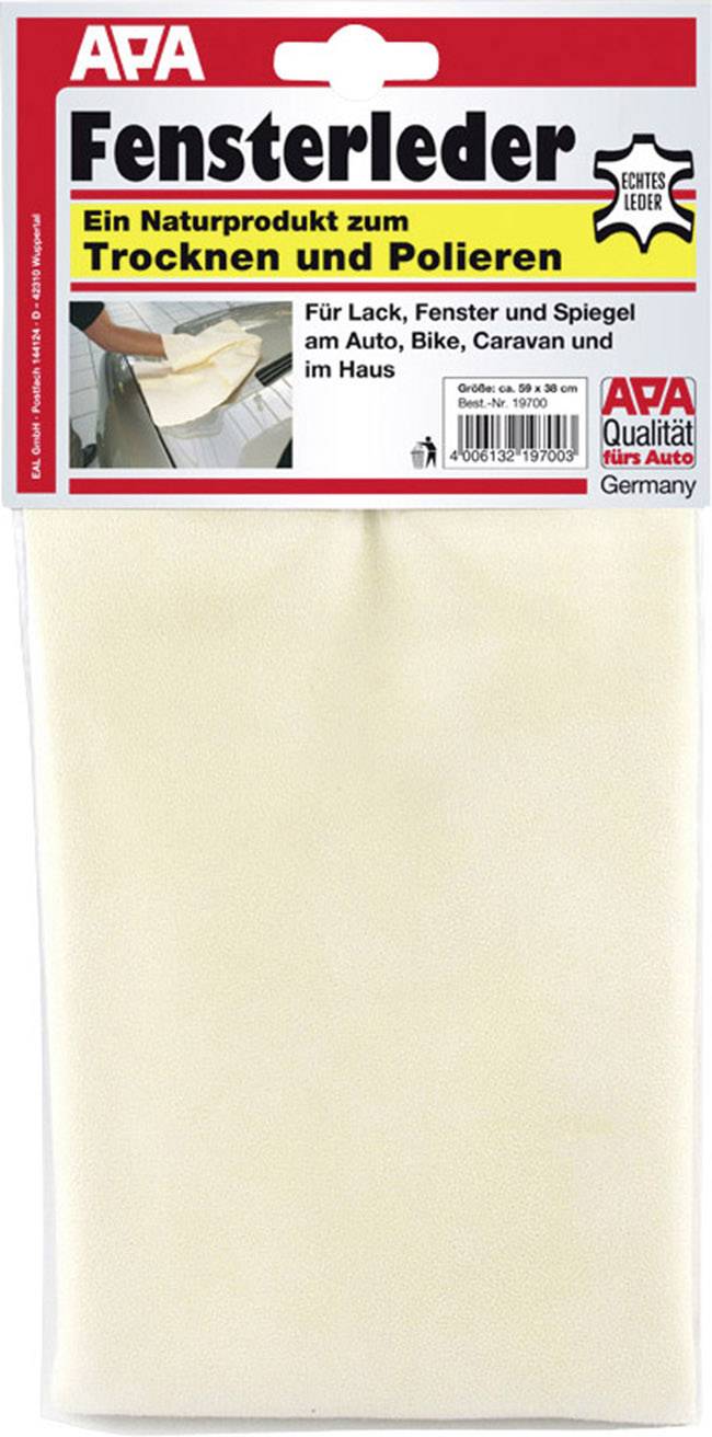 'APA Fensterleder' Verpackung mit der Aufschrift 'Ein Naturprodukt zum Trocknen und Polieren' für Auto, Fenster und mehr.