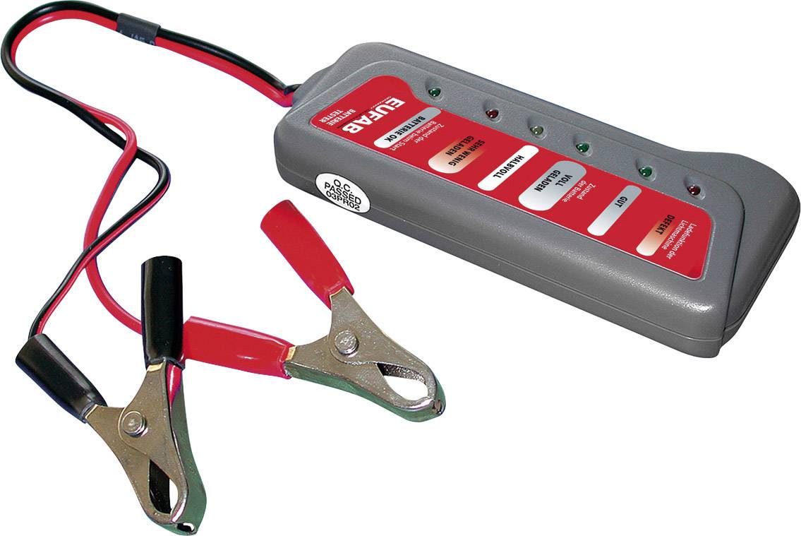 Batterieladegerät mit Krokodilklemmen, Anzeigeleuchten und mehrstufigen Ladeoptionen.