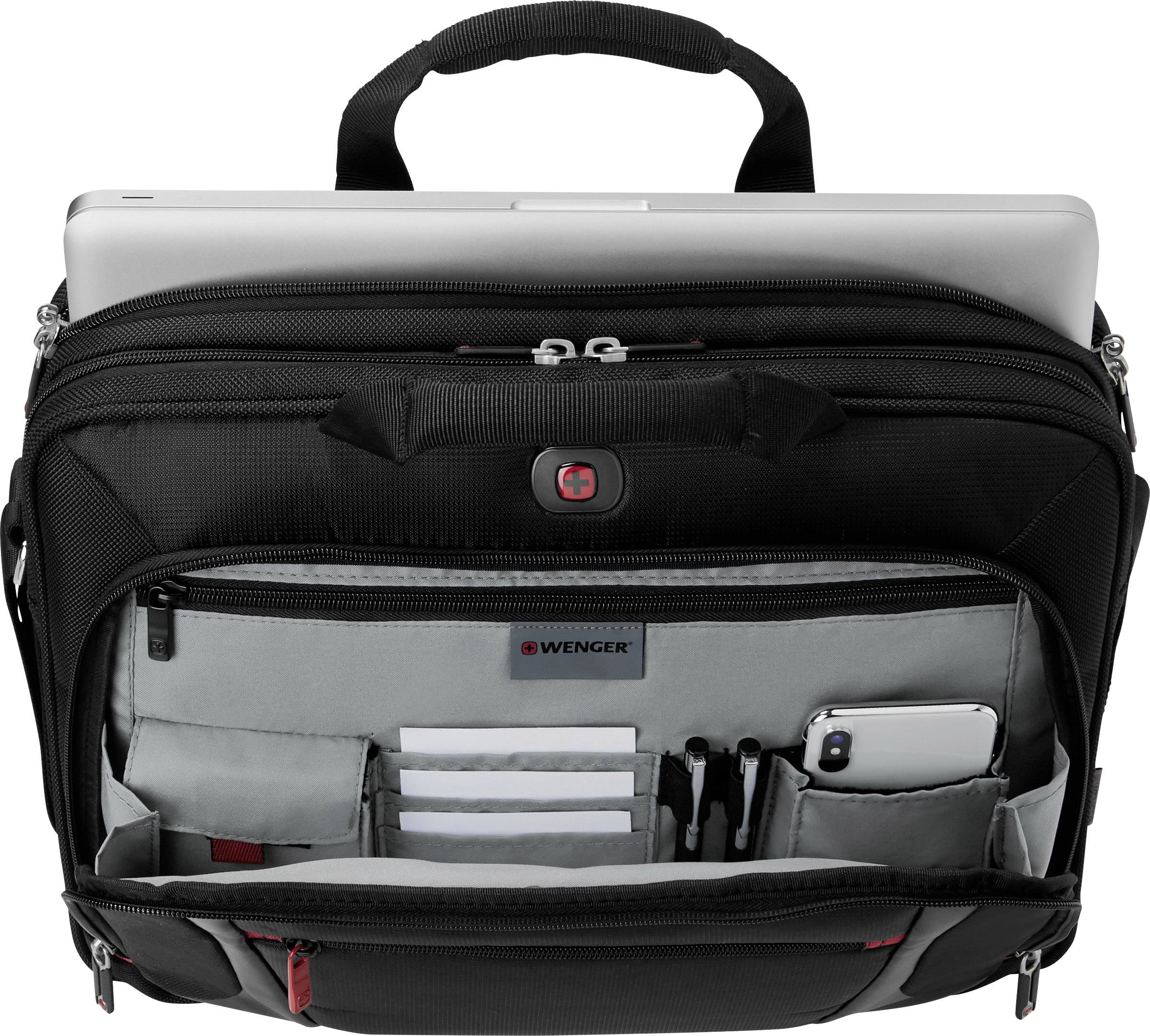 Schwarze Laptop-Tasche, oben geöffnet, zeigt Laptop und mehrere organisierte Fächer mit Stiften und einem Smartphone.