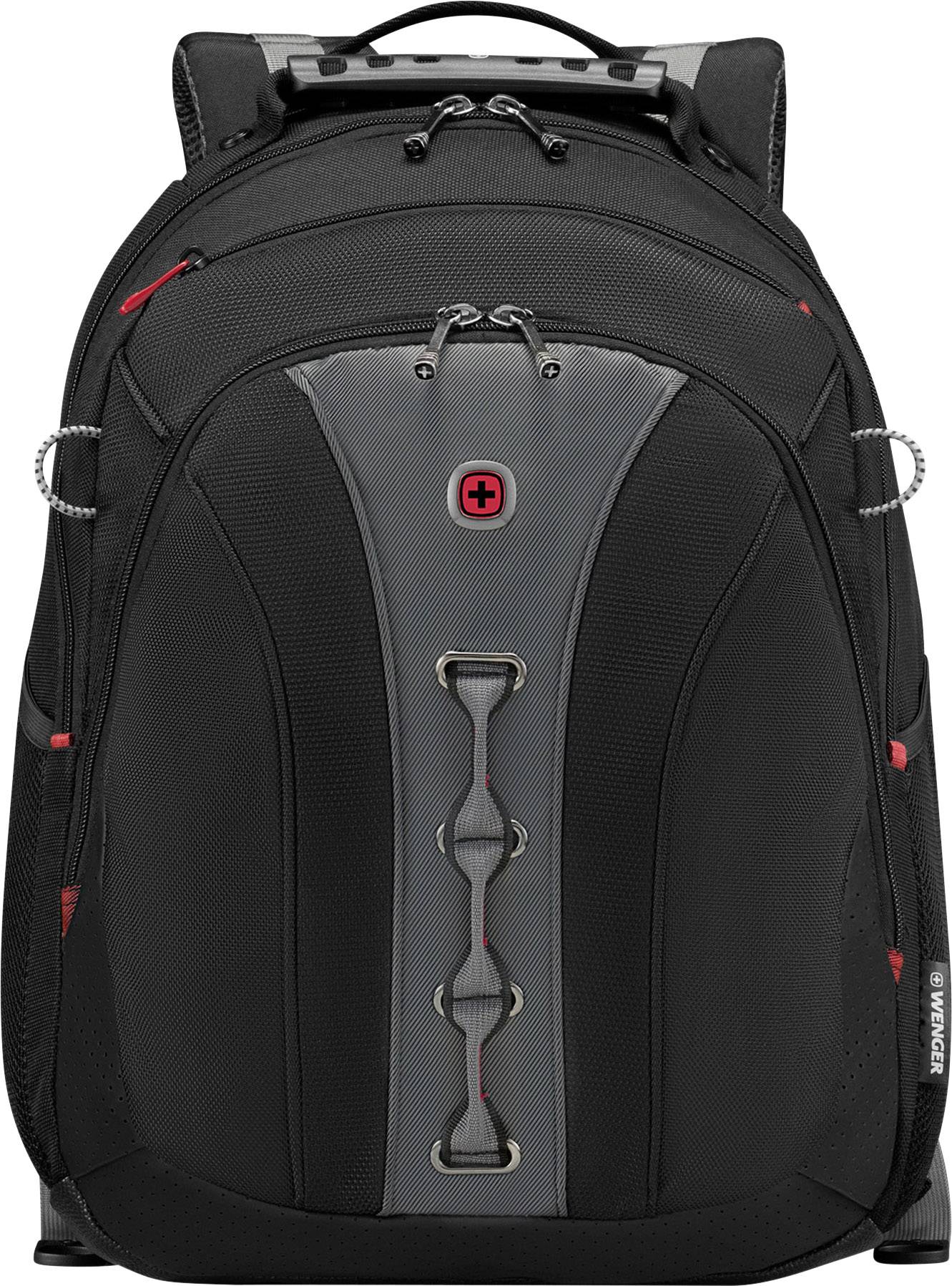 Schwarzer und grauer Rucksack mit rotem Emblem und mehreren Fächern, geeignet für Laptop-Transport und Alltagsgebrauch.