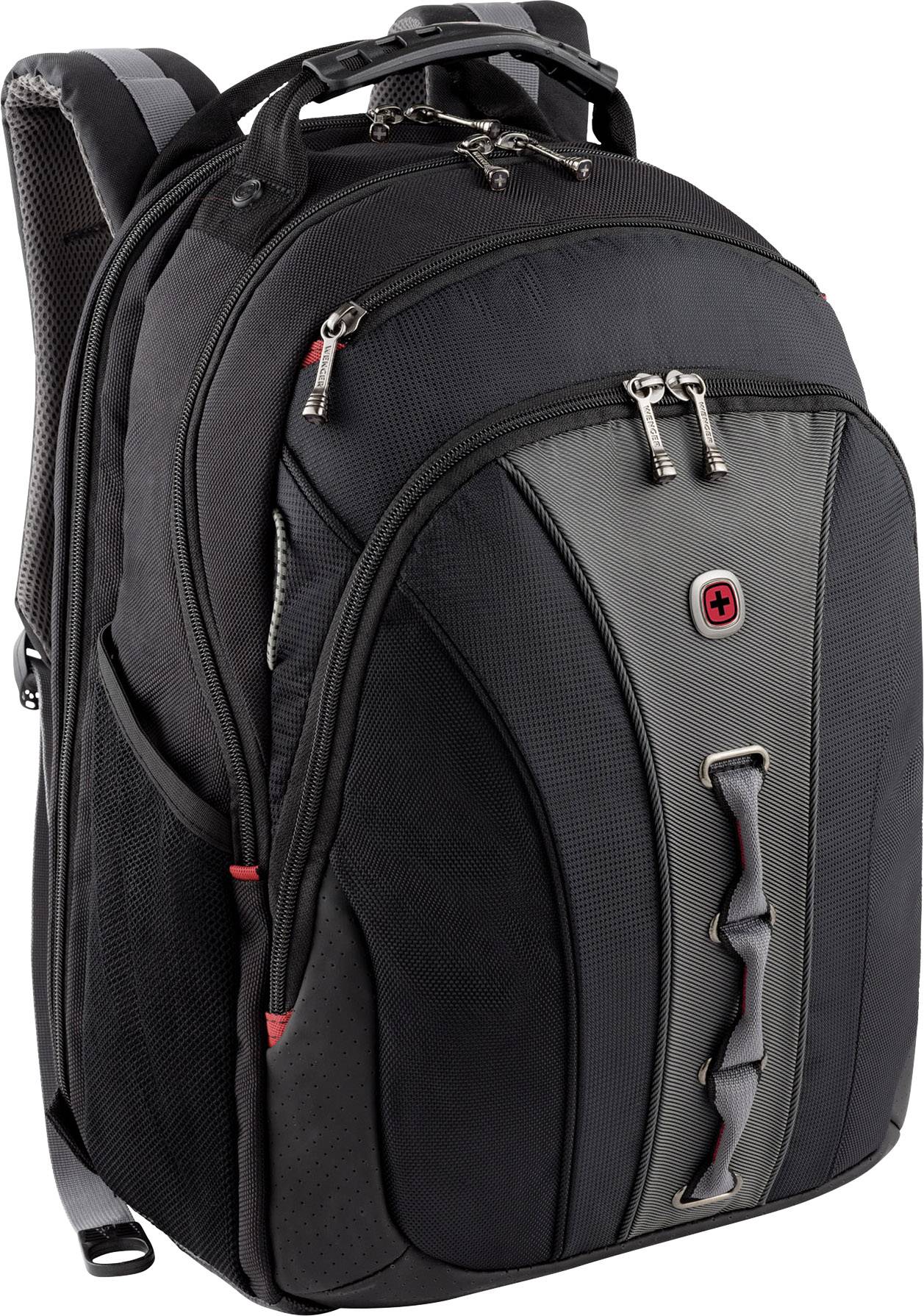 Ein schwarzer Rucksack mit grauen Akzenten und mehreren Fächern. Geeignet für Reisen oder Schule, mit gepolsterten Schultergurten.